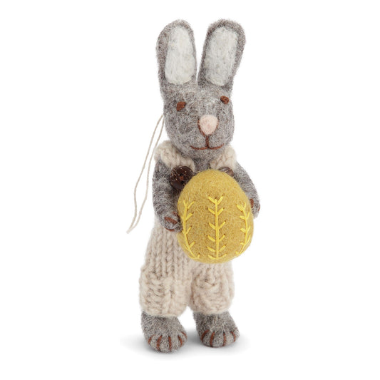 Felt Grey Bunny w/Pants and Yellow Egg Ornament