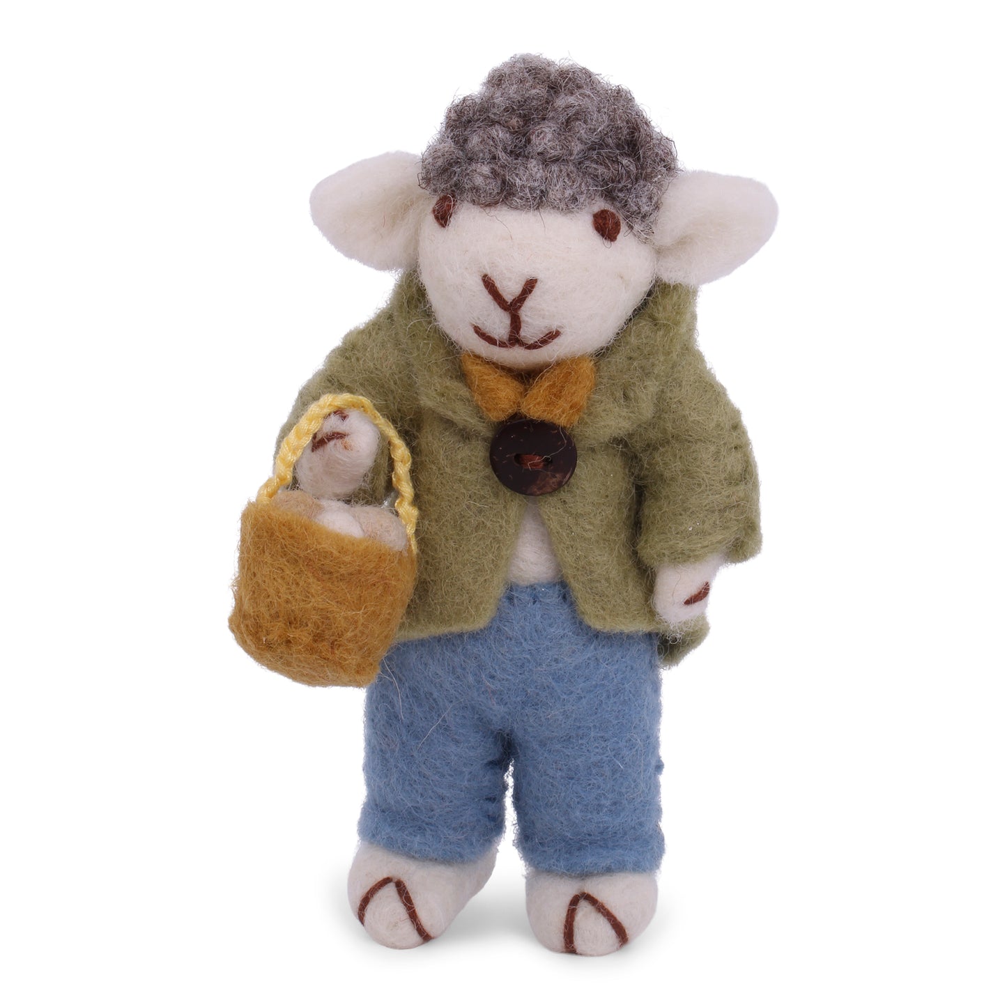 Felt Grey Sheep w/Green Jacket & Egg Basket Ornament