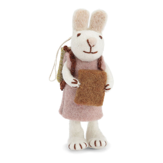 Felt White Bunny w/Lavender Dress & Book Ornament