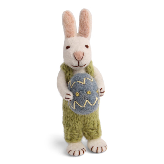 Felt White Bunny w/Green Pants & Blue Egg Ornament