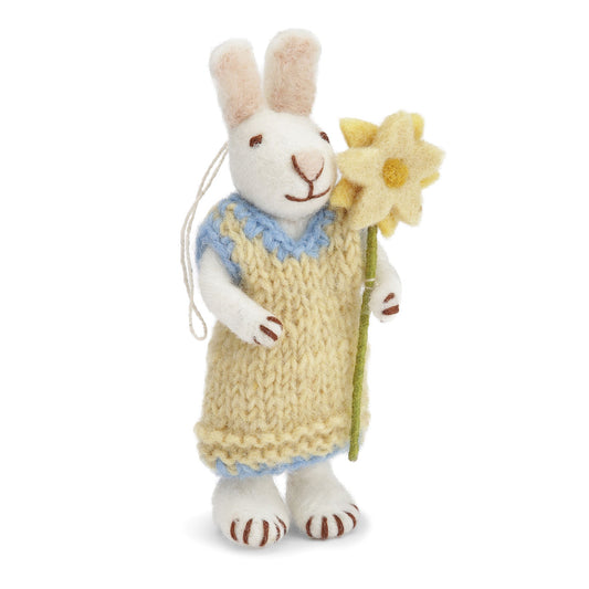 Felt White Bunny w/Yellow Dress & Flower Ornament