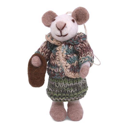 Felt White Mouse w/Green Clothing & Bucket Ornament