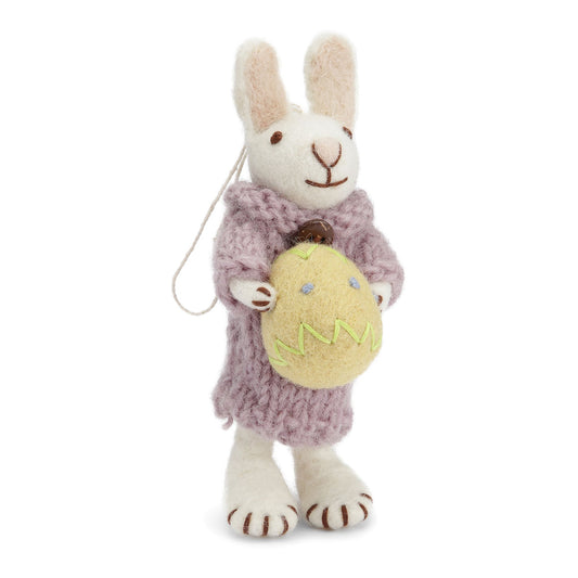 Felt White Bunny w/Purple Dress and Yellow Egg Ornament