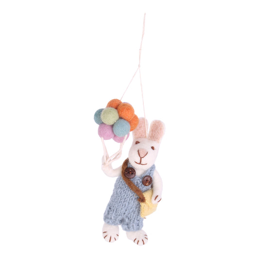 Felt White Bunny w/Blue Pants & Balloons Ornament