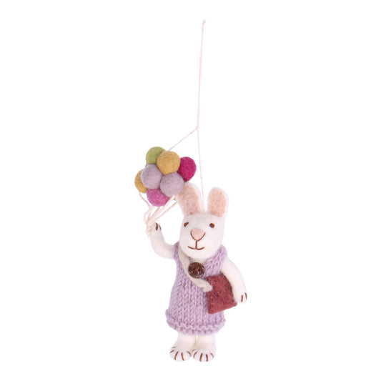 Felt White Bunny w/Lavender Dress & Balloons Ornament