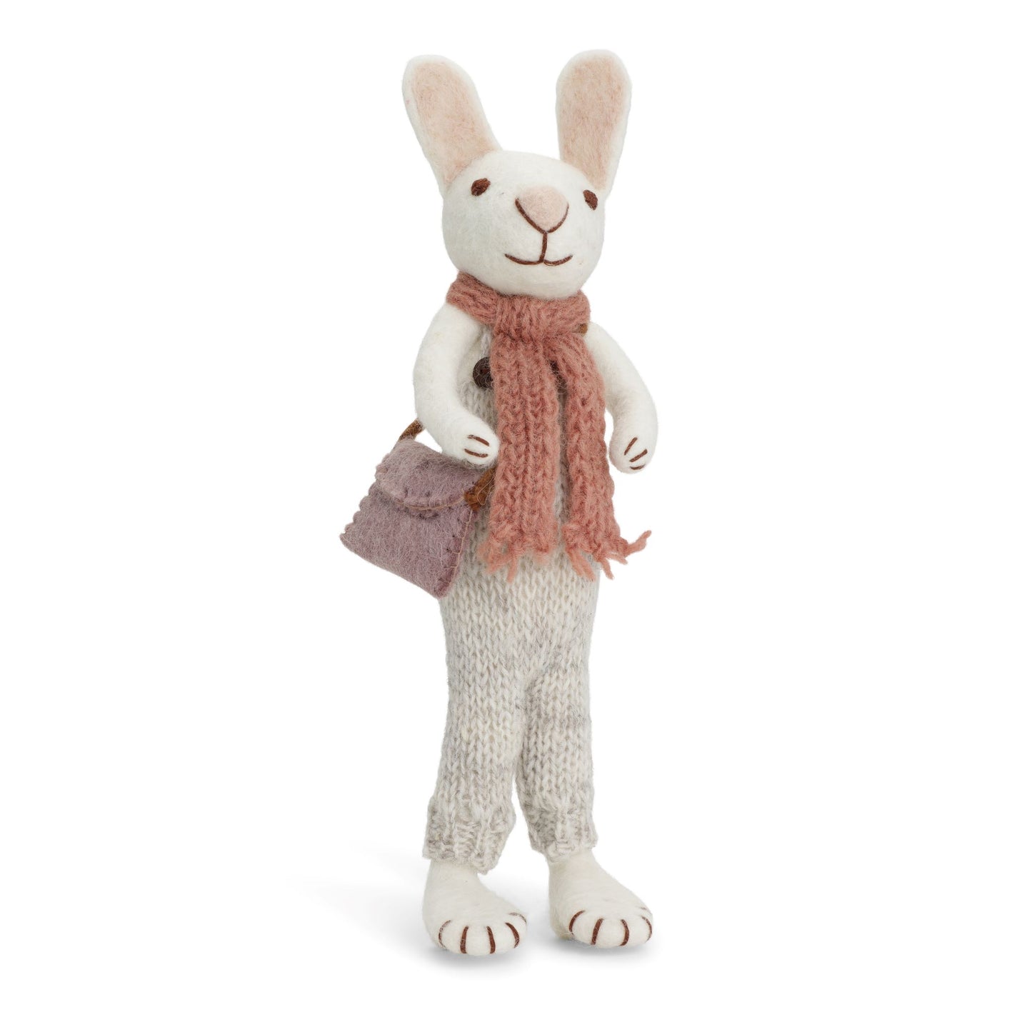 Felt Large White Bunny w/Rose Scarf and Grey Pant