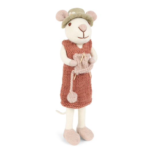 Felt Large White Mouse with Hat, Dusty Red Dress, & Knitting