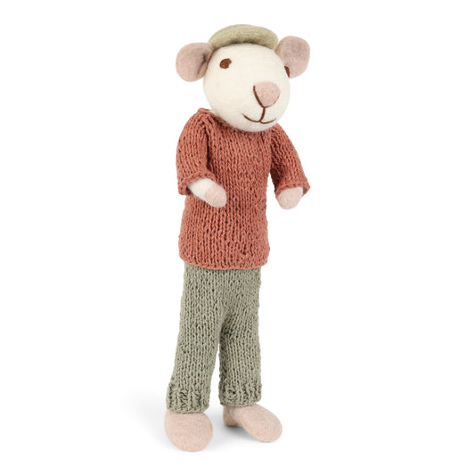 Felt Large White Mouse with Cap, Dusty Red Shirt, & Green Pants
