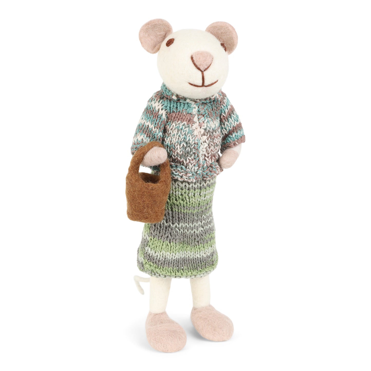 Felt Large White Mouse with Green Clothing & Bucket