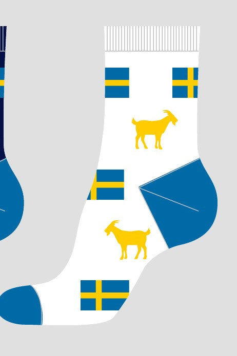 Unisex Socks, Swedish Flags & Goats, White (W 6-10, M 6-7.5)