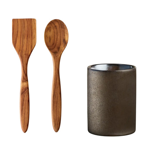 RAW Canister with Teak Spatula + Spoon - Metallic Brown