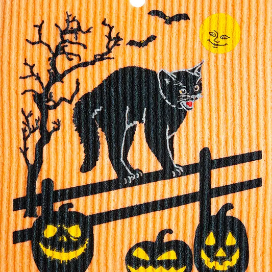 Swedish Dishcloth - Black Halloween Cat on Orange