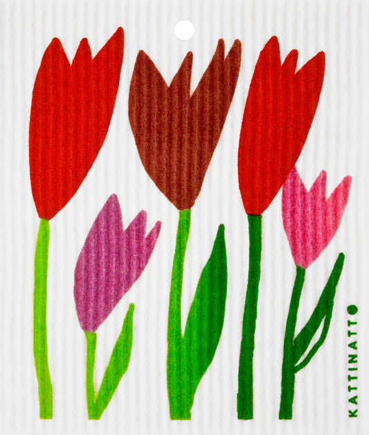 Swedish Dishcloth - Red & Purple Tulips