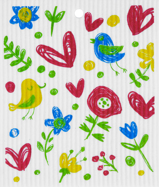 Swedish Dishcloth - Birds, Flowers, & Hearts