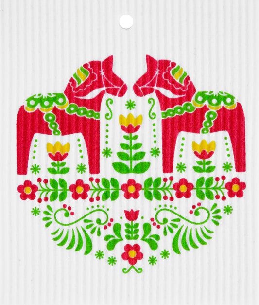 Swedish Dishcloth - Red & Green Dala Horses