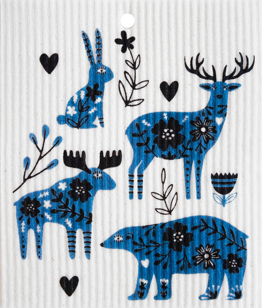 Swedish Dishcloth - Blue & Black Forest Animals