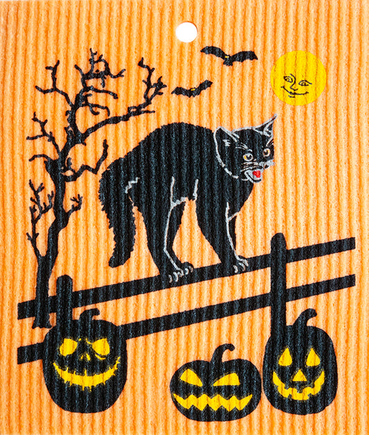 Swedish Dishcloth - Black Halloween Cat on Orange