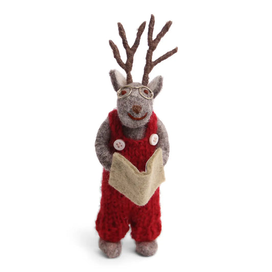 Felt Grey Deer with Book Ornament