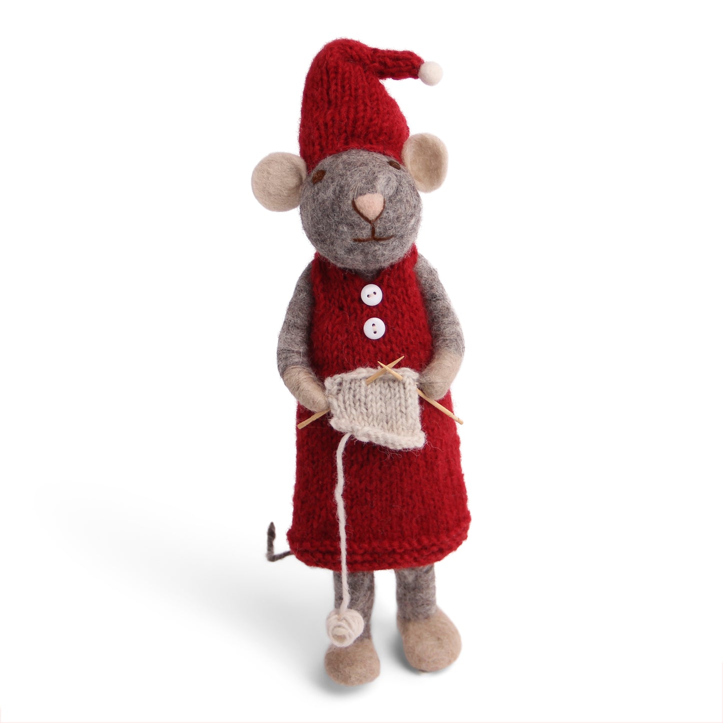 Felt Large Grey Mouse with Red Dress and Knitting