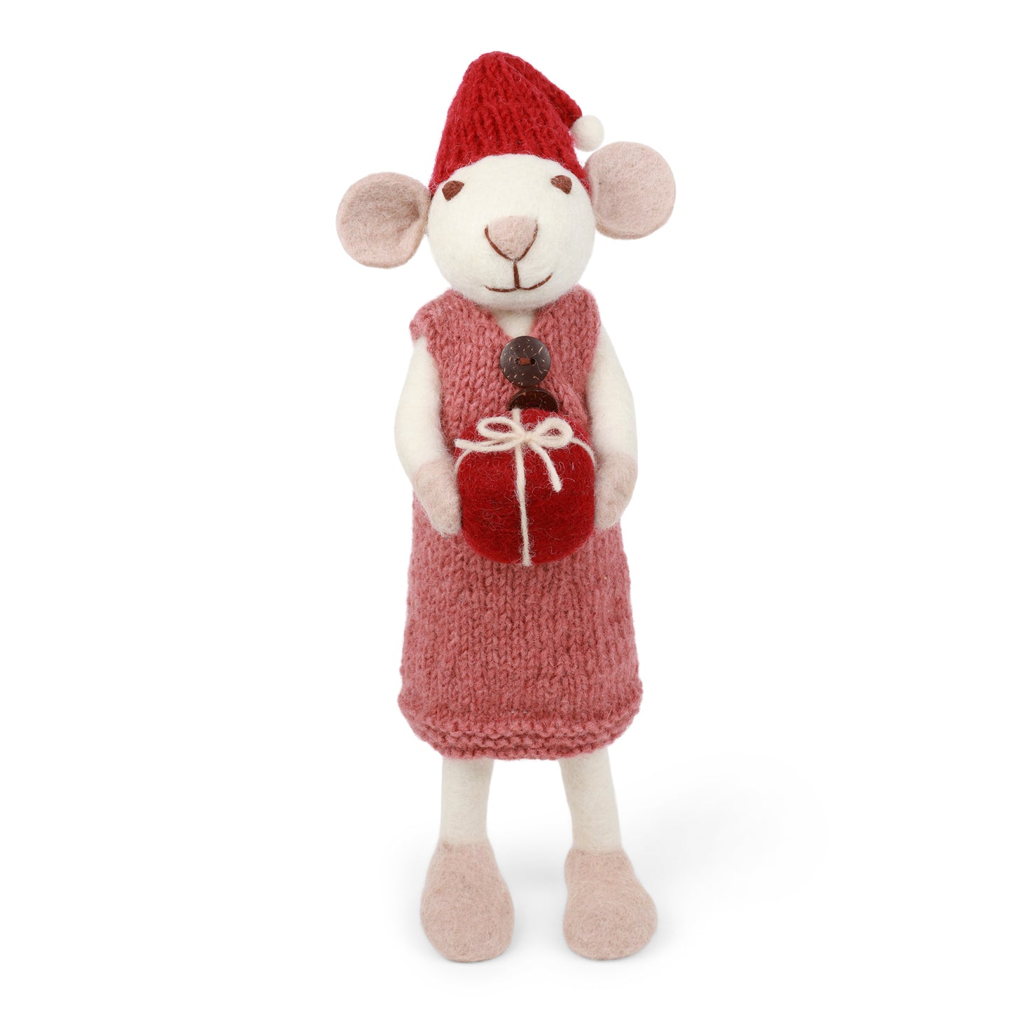 Felt Large White Mouse with Dusty Red Dress and Present