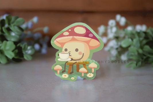 Coffee-Sipping Mushroom Sticker