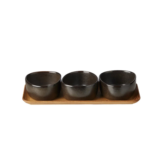 RAW Organic Bowls On Teakwood Board - Metallic Brown