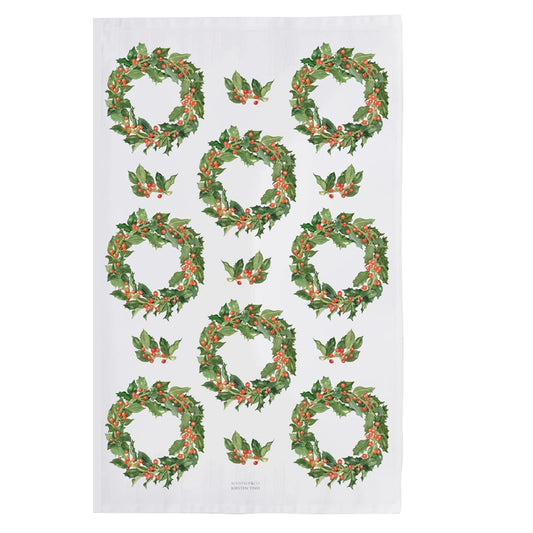 Danish Tea Towel - Holly Wreaths