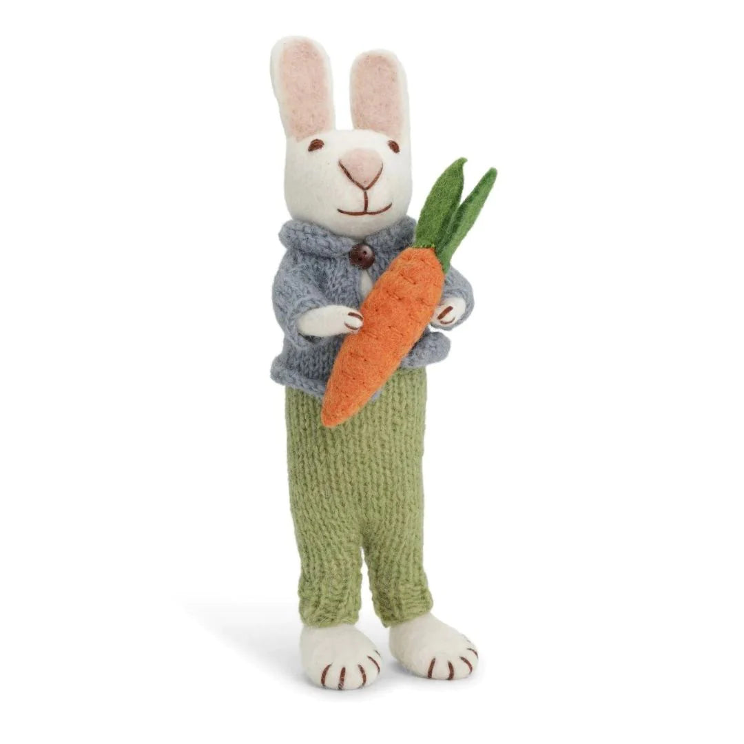 Felt Large White Bunny w/Blue Jacket, Green Pants, and Carrot