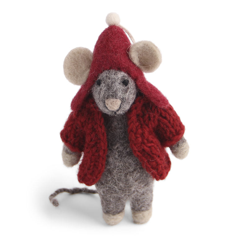 Felt Grey Mouse with Red Jacket Ornament