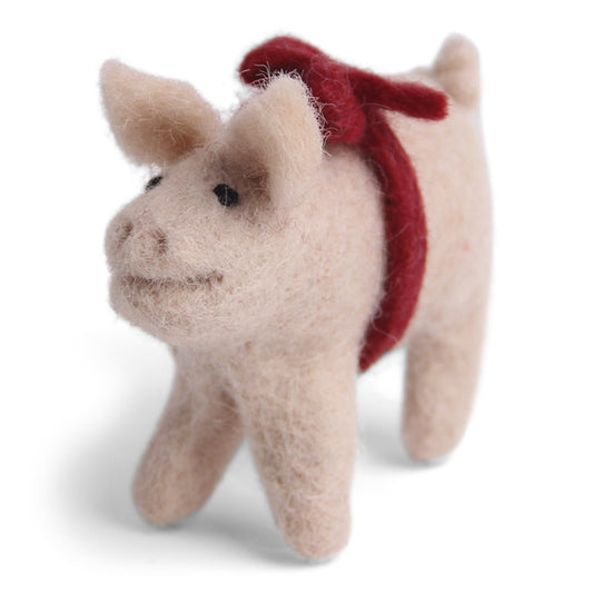 Felt Pig with Red Bow Ornament