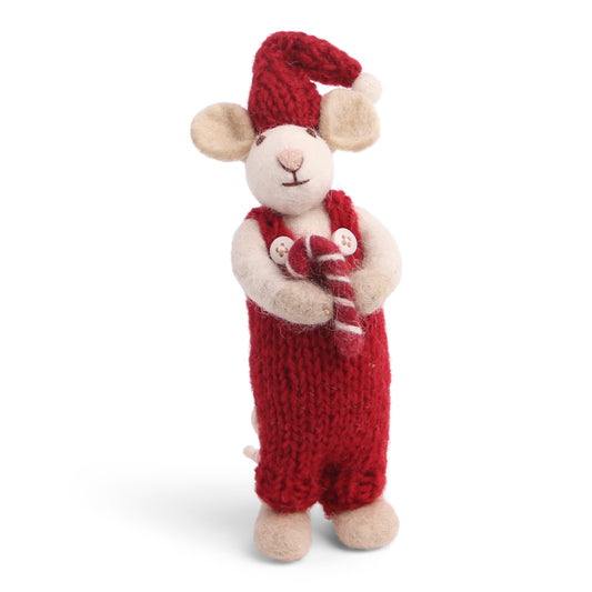 Felt White Mouse with Candy Cane Ornament