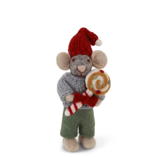 Felt Small Grey Boy Mouse with Christmas Candy Ornament