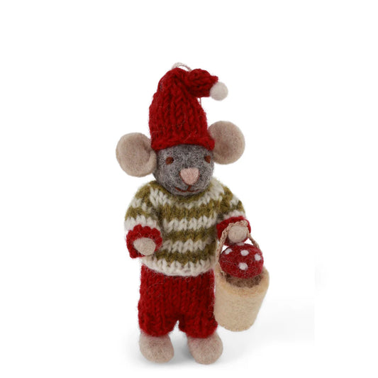 Felt Small Grey Boy Mouse with Mushroom in Bucket Ornament