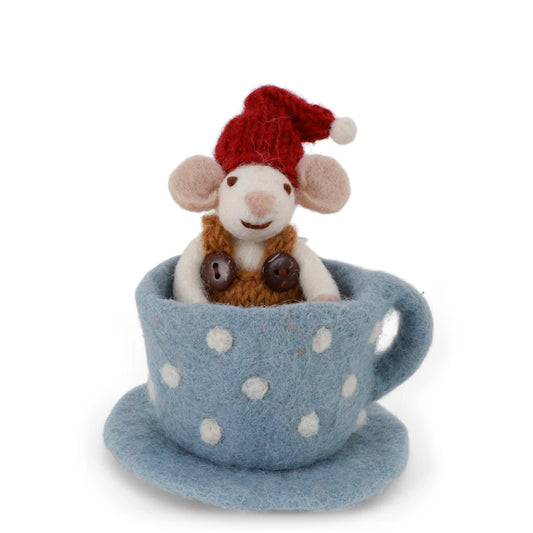 Felt Mouse in Blue Coffee Cup Ornament