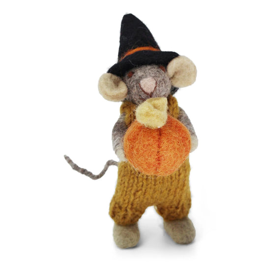 Felt Grey Mouse with Pumpkin and Ochre Pants Ornament