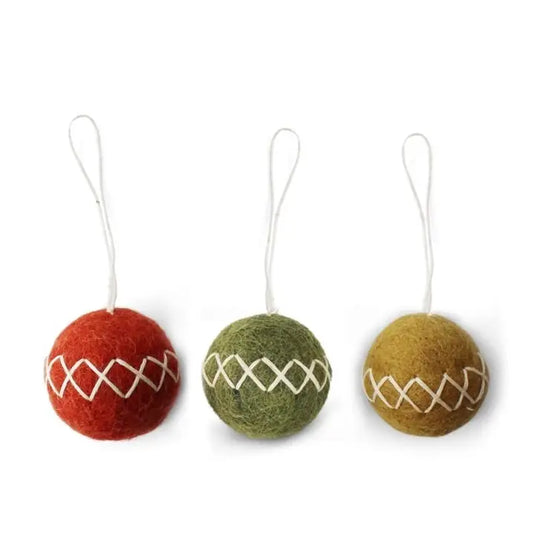 Felt Clay Ball Ornaments with Embroidery - Set of 3