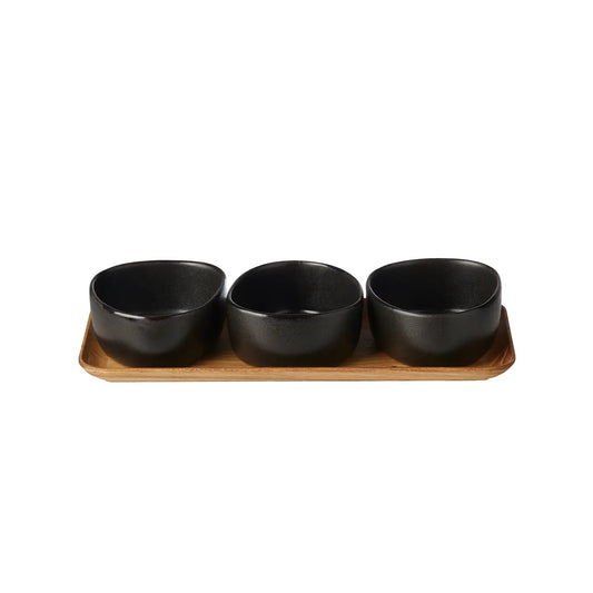 RAW Organic Bowls On Teakwood Board - Titanium Black