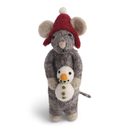 Felt Baby Grey Mouse with Snowman Ornament