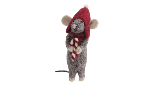 Felt Grey Mouse with Candy Cane Ornament